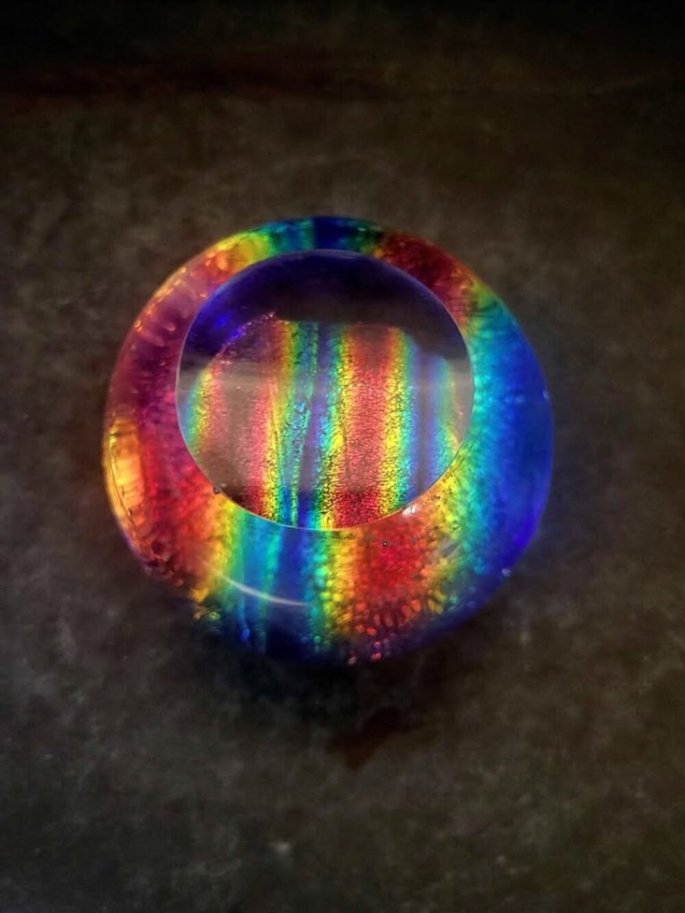 Circular Dichroic Glass Sculpture/Paperweight, With A Rainbow Effect, SBA